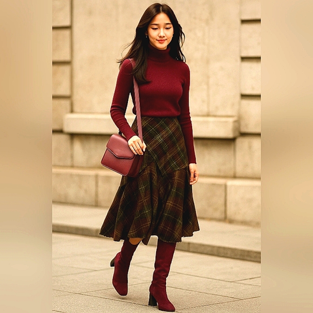 BASQUE🐞Tweed Brown Plaid Asymmetrical A-Line Flare Midi Skirt Sz:10
